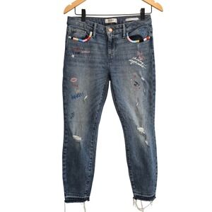 Guess Los Angeles Mid Rise Skinny Jeans Distressed‎ Embroidered Size 28